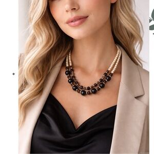 Double Strand Pearl & Black Bead Necklace 18”–19”